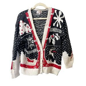 Vtg Lauren Hansen Womens Multicolor Cardigan M Knitted By Hand Christmas Sweater